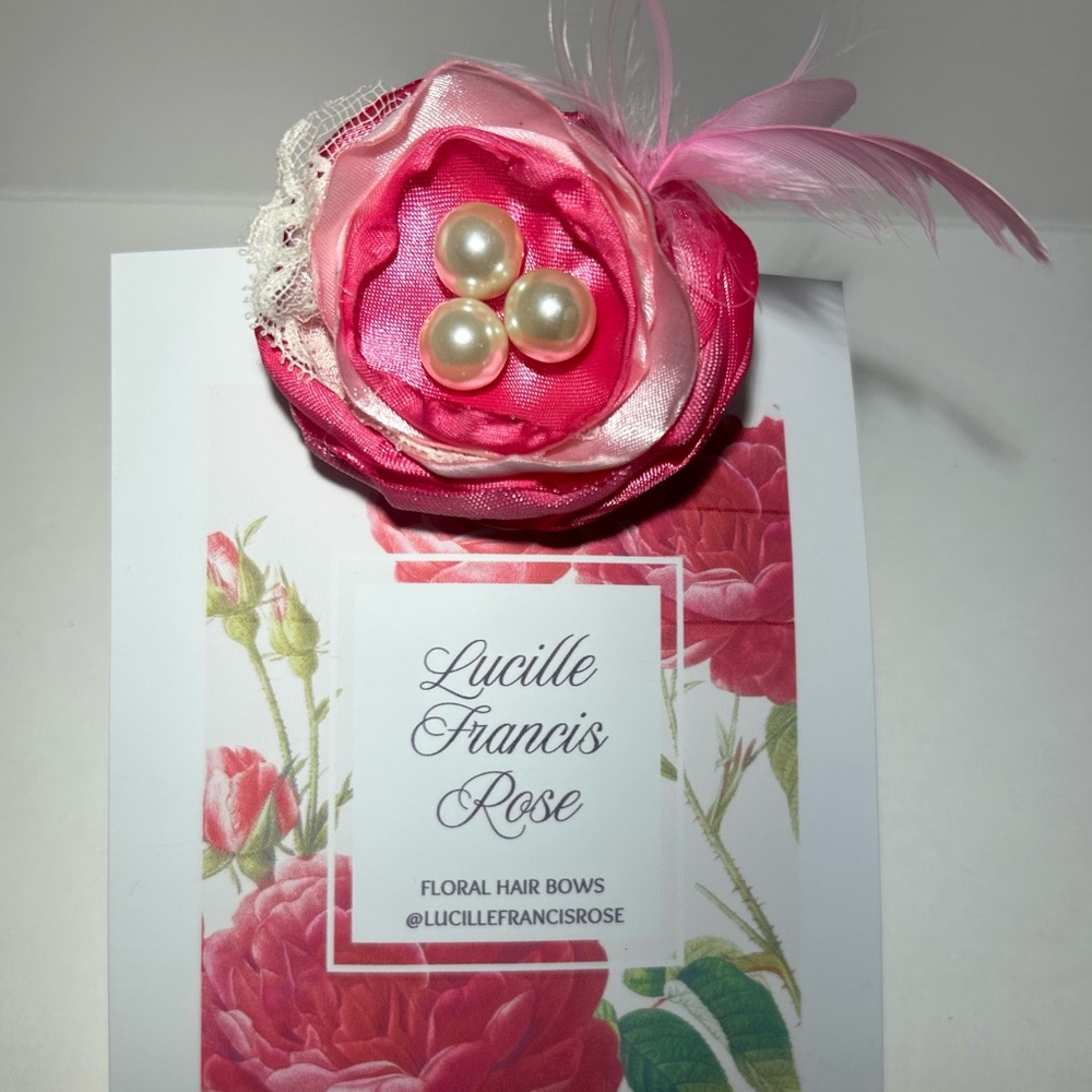 Pink handmade Hair flower on alligator clip removable feathers